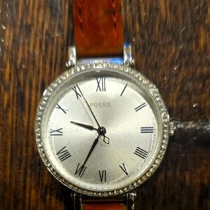 Fossil Silver Dial Watch with Tan Leather Band